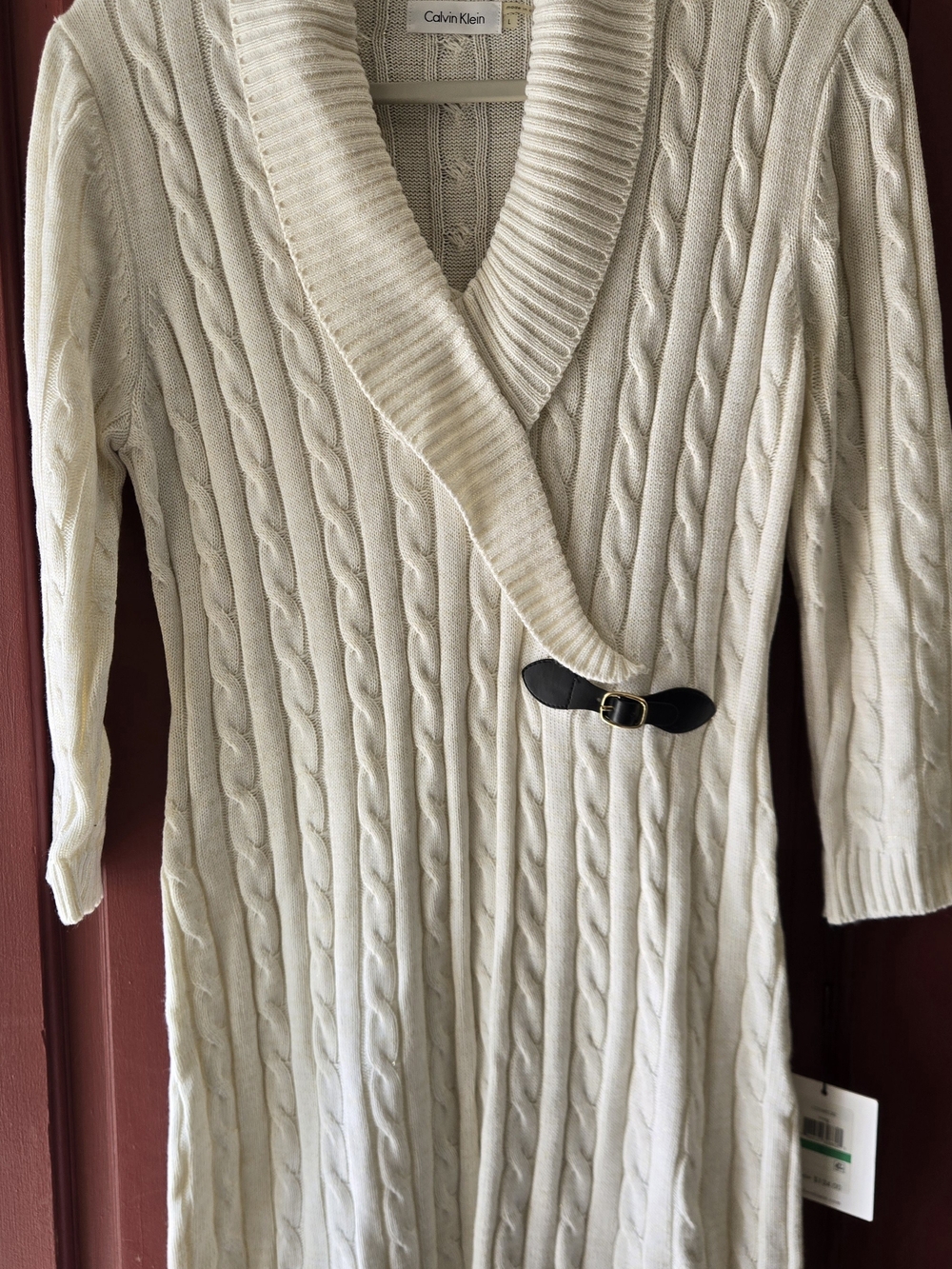 NEW Calvin Klein Cream Cable-Knit Shawl Collar Sweater Dress